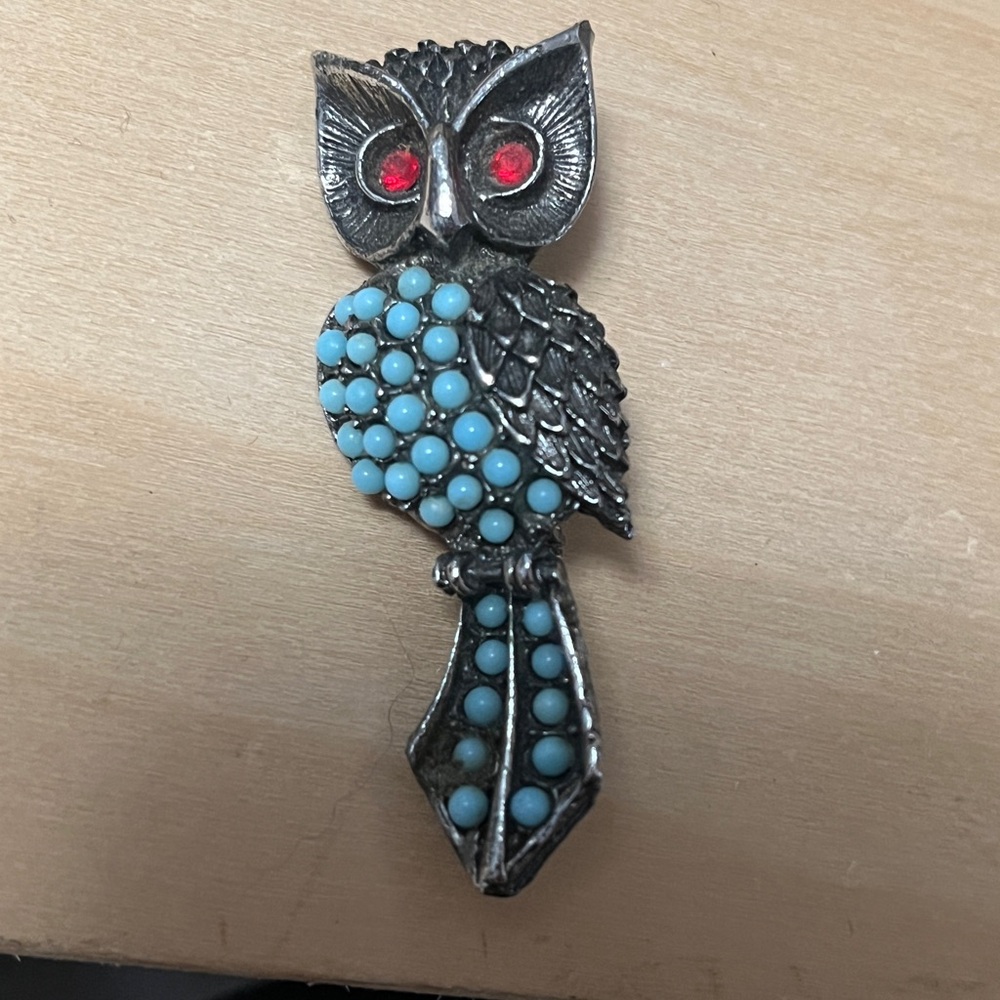 Silver Owl Brooch with Turquoise Accents